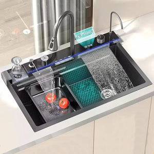 Chiuveta Multifunctionala cu 2 Cascade si Afisaj Digital - Negru Grafit 750x460mm MixMart