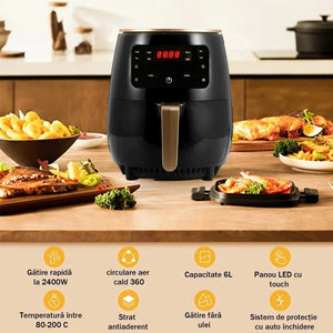 🍟 Pachet Friteuza cu Aer Cald 6L + Set 100 Hartii de Copt – Air Fryer Digital pentru Gatit Rapid, Sanatos si Fara Ulei 🔥✨ Mix Mart