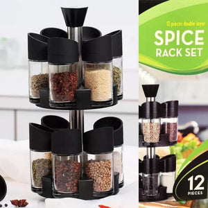 Set 12 Recipiente pentru Condimente cu Suport Rotativ pe 2 Etaje – Organizare Elegantă MixMart