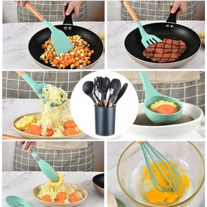 👩🍳 Set 13 Ustensile de Gatit din Silicon cu Maner din Bambus – Rezistente la Temperaturi Ridicate, Igienice si Perfecte pentru Orice Bucatarie 🍲✨ Mix Mart