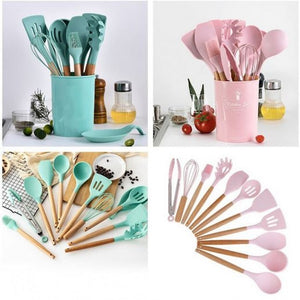 👩🍳 Set 13 Ustensile de Gatit din Silicon cu Maner din Bambus – Rezistente la Temperaturi Ridicate, Igienice si Perfecte pentru Orice Bucatarie 🍲✨ Mix Mart