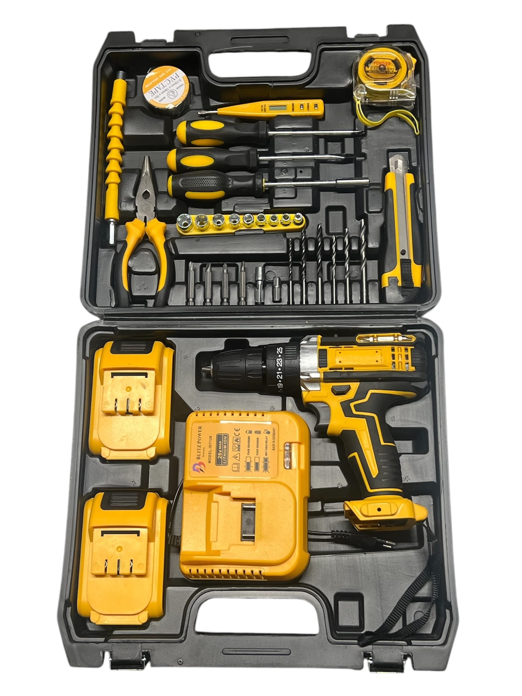 Set bormașină cu percuție electrică – 88 V, 2 acumulatori, accesorii complete