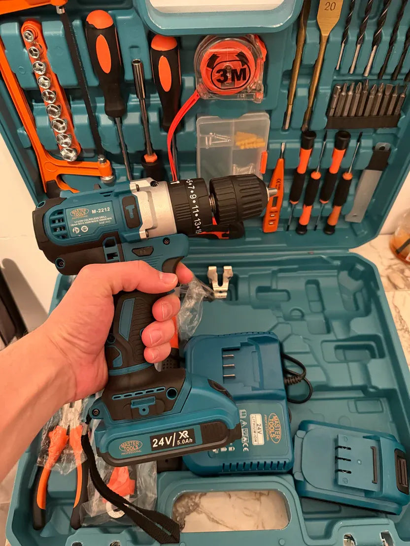 Kit multifunctional de scule electrice: bormasina, autofiletanta cu percutie,2 baterii si o gama larga de accesorii
