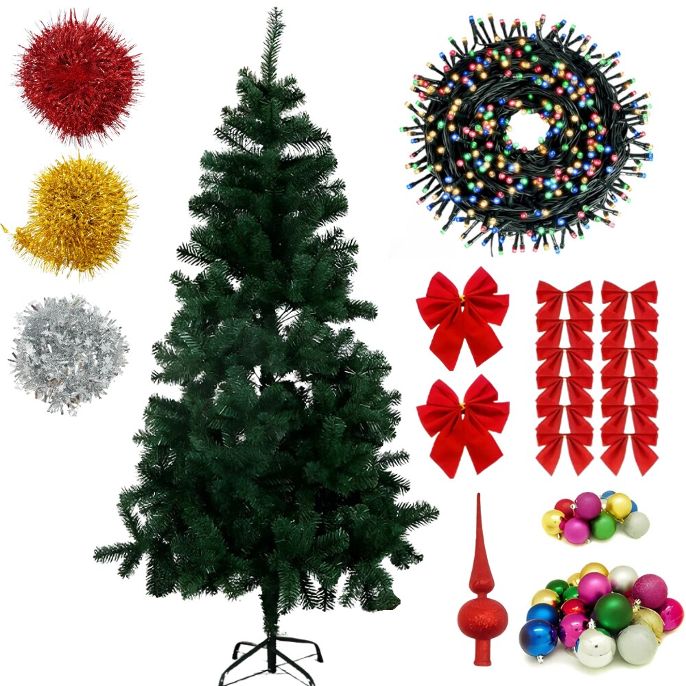 🎄 Brad Artificial 180 cm – Set Complet cu LED, Globuri și Suport Metalic