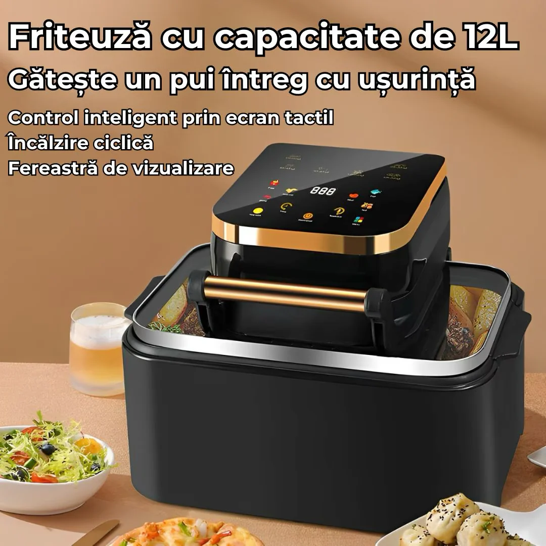 Friteuză profesională cu aer cald 3 în 1, digitală, fără ulei, AirFryer 1700W, capacitate 12L, control touch