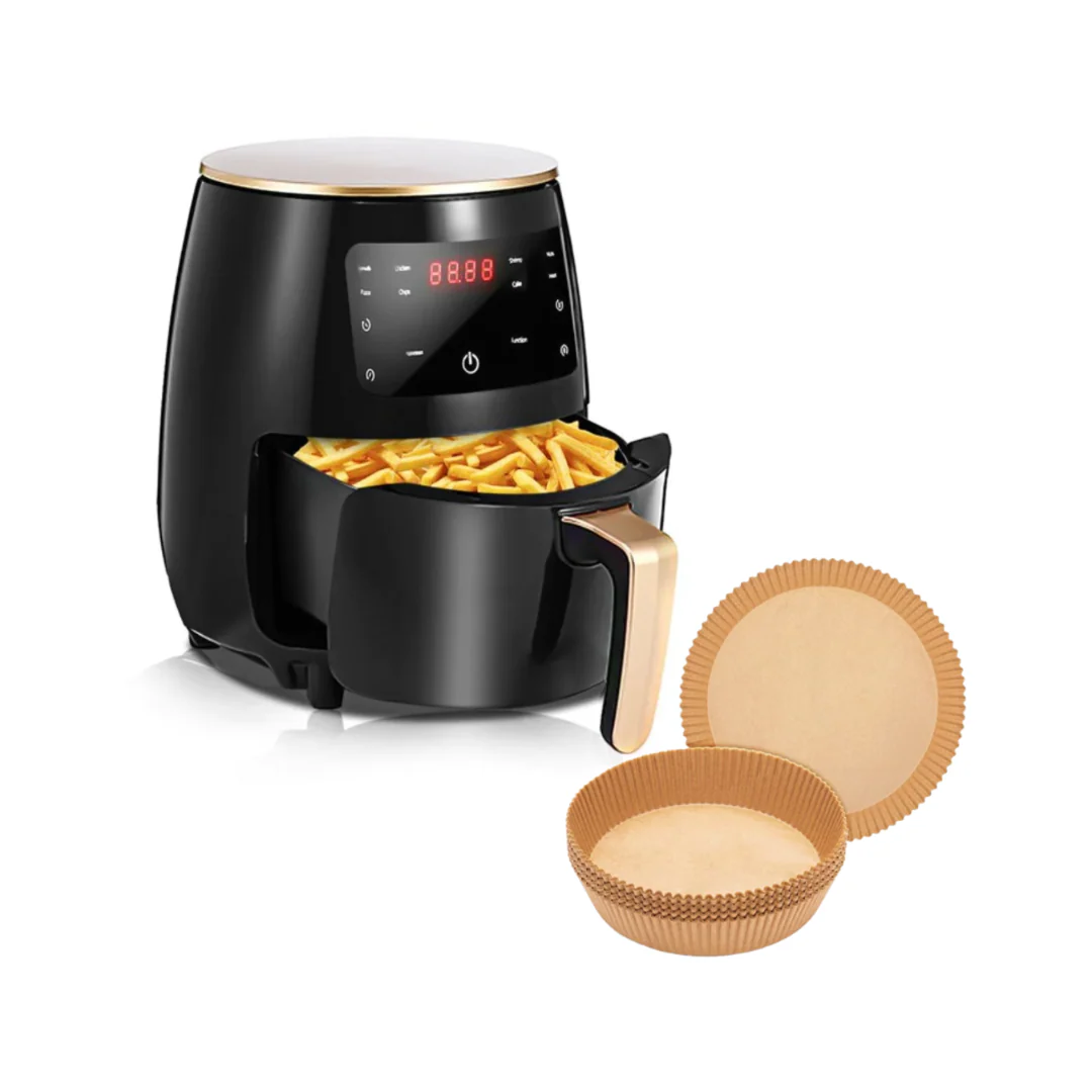 🍟 Pachet Friteuza cu Aer Cald 6L + Set 100 Hartii de Copt – Air Fryer Digital pentru Gatit Rapid, Sanatos si Fara Ulei 🔥✨