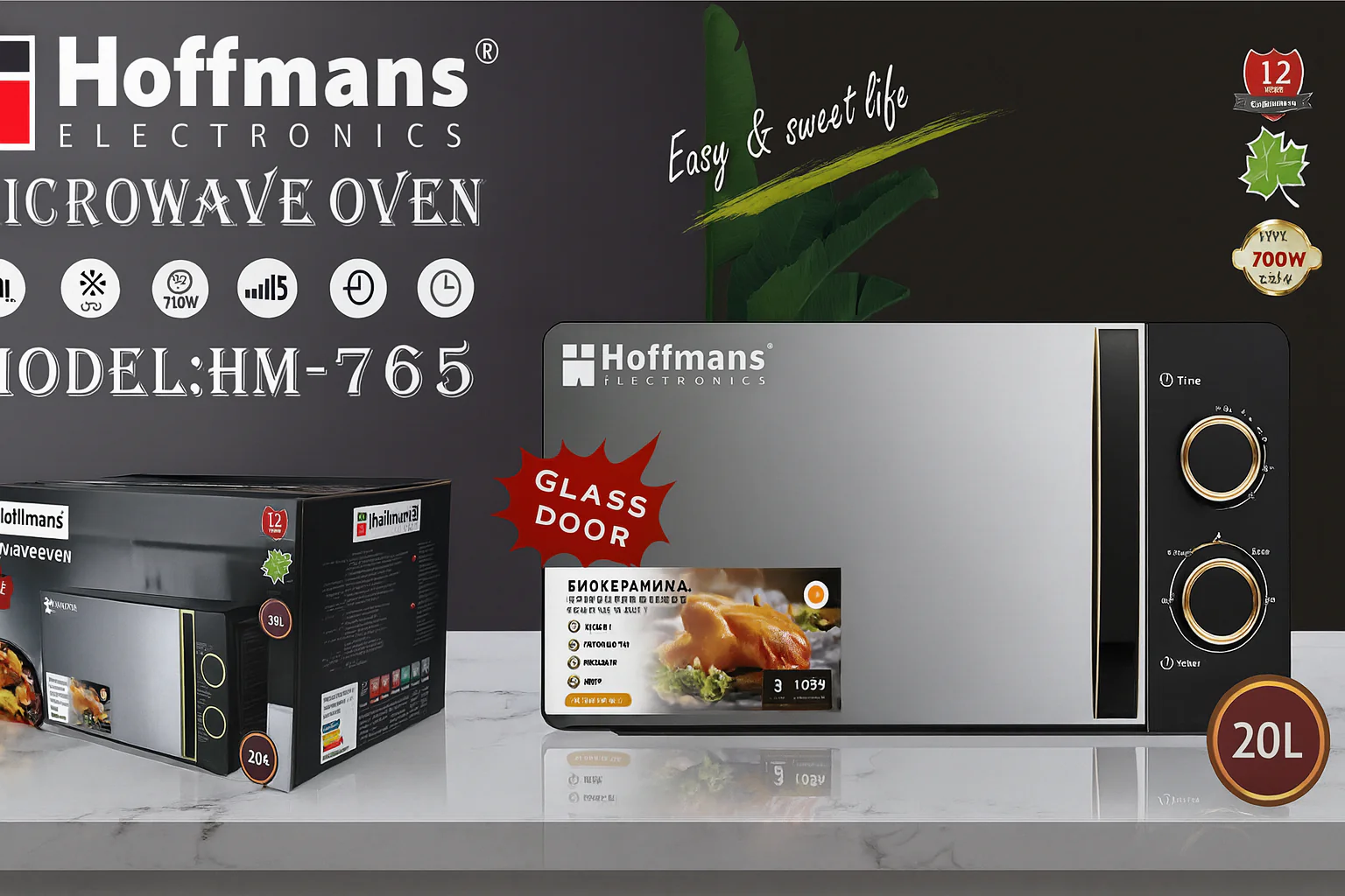 Cuptor cu microunde Hoffmans HM 765 – 20 L, 700W, ușă din sticlă, timer 115 minute