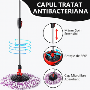 Set Mop Magic rotativ 360° cu cuvă inox ,coada telescopica,4rezerve microfibra Mix Mart