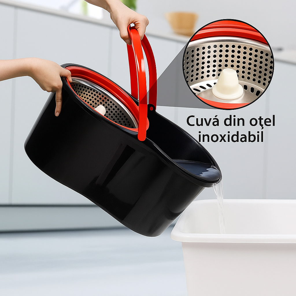 Set Mop Magic rotativ 360° cu cuvă inox ,coada telescopica,4rezerve microfibra Mix Mart