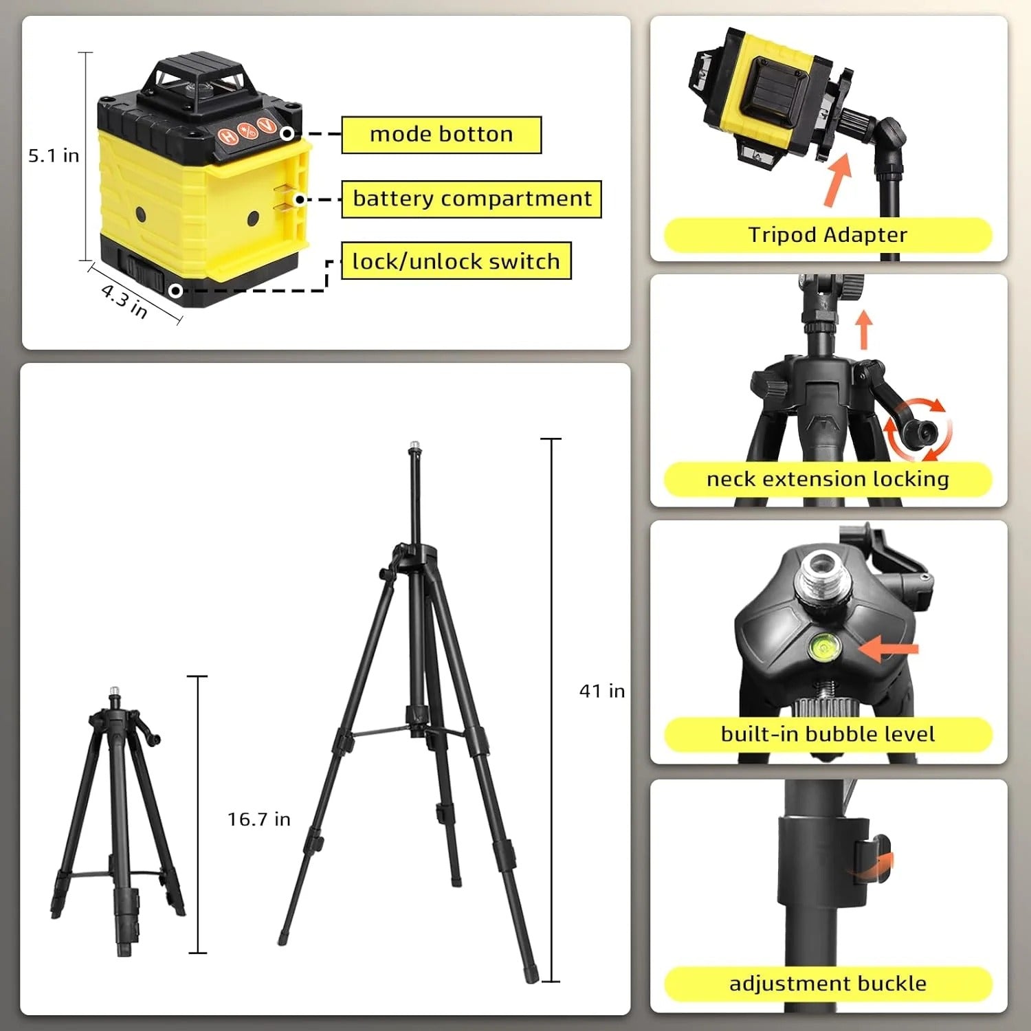 Nivelă Laser 4D cu 16 Linii, Autonivelare, Telecomandă, Lumină Verde, Trepied 150 cm și Platformă de Ridicare Mix Mart