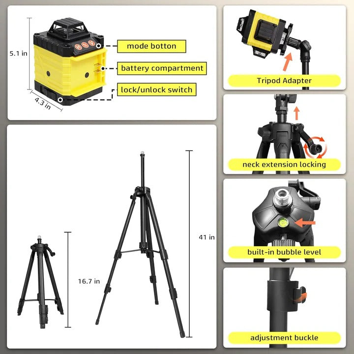 Nivelă Laser 4D cu 16 Linii, Autonivelare, Telecomandă, Lumină Verde, Trepied 150 cm și Platformă de Ridicare Mix Mart