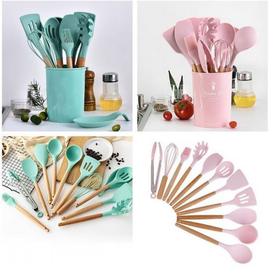 👩‍🍳 Set 13 Ustensile de Gatit din Silicon cu Maner din Bambus – Rezistente la Temperaturi Ridicate, Igienice si Perfecte pentru Orice Bucatarie 🍲✨