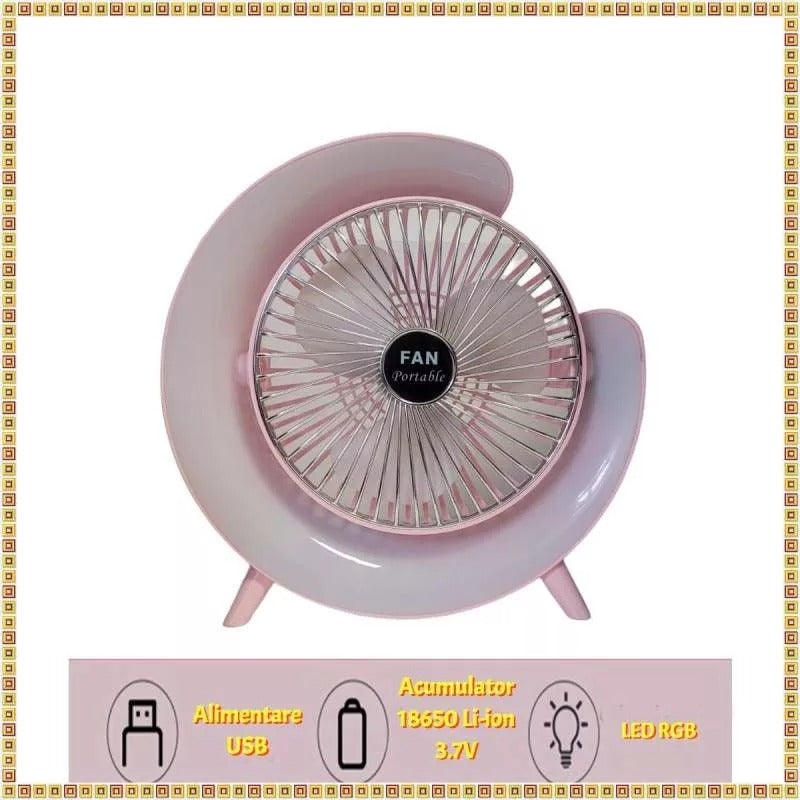 Mini Ventilator Portabil pentru Birou cu LED RGB, Alimentare USB, 3 Viteze Mix Mart
